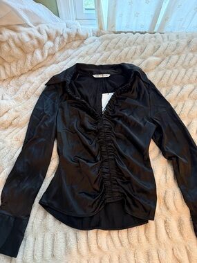 Zara Black Satin Ruched Button-Down Shirt